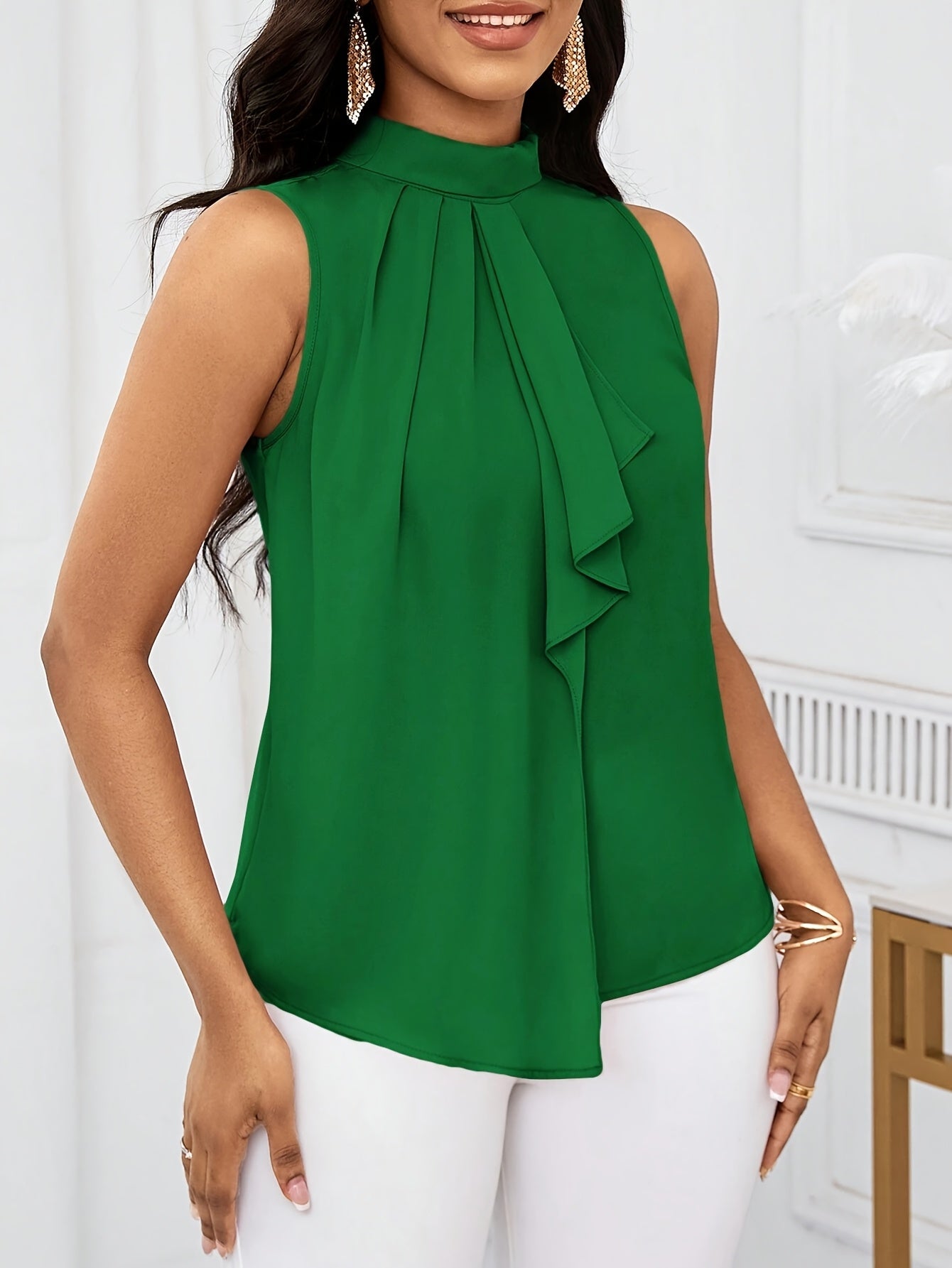 100% Polyester Solid Color High Neck Sleeveless Top - Lace-Up Detail, Woven Fabric, 120g/m², Regular Length, All-Season Wear