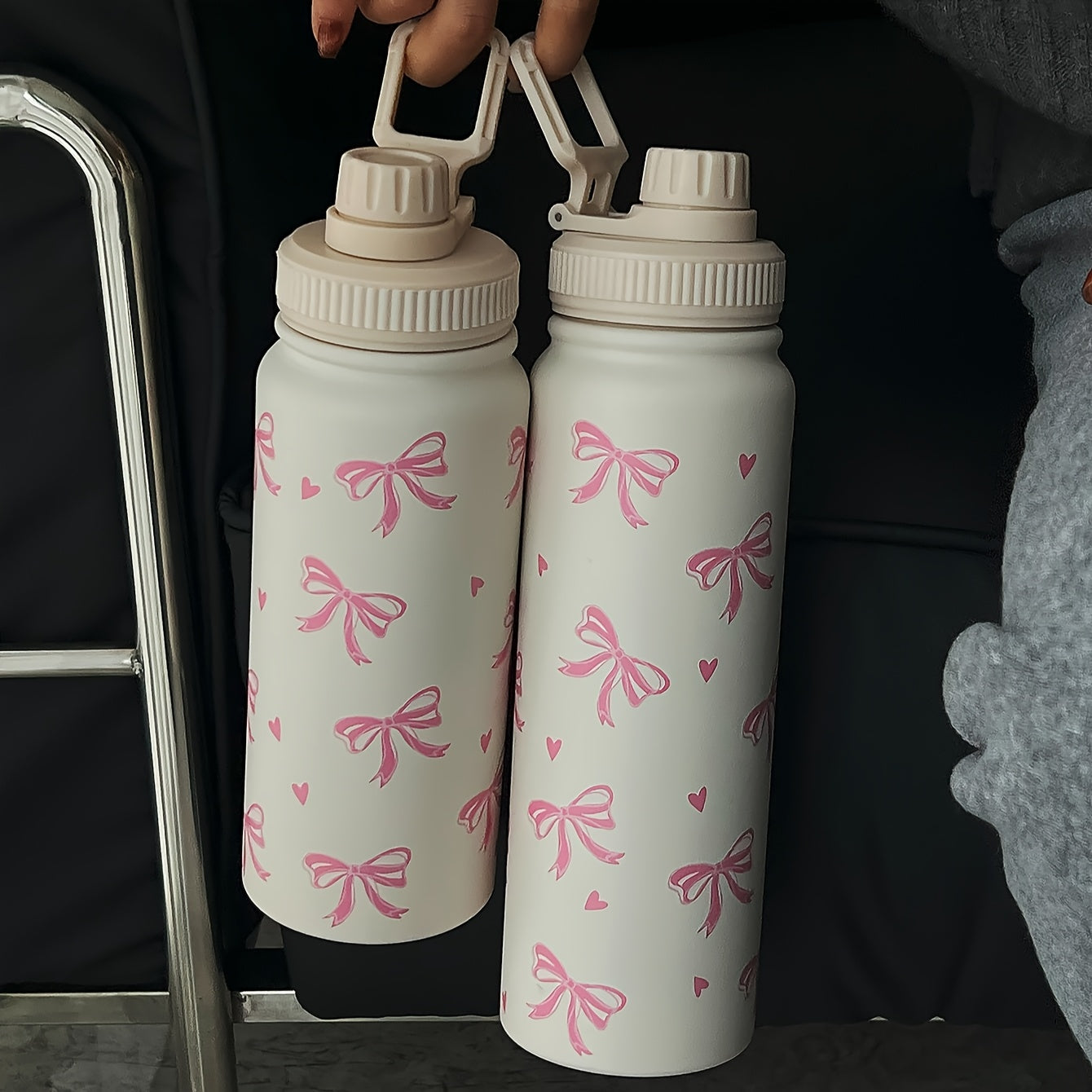 1pc 600ml/800ml/1000ml Pink ins style large bow double-layer stainless steel thermal cup, straight drinking mouth large capacity water bottle, outdoor sports kettle, flat bottom cup, water cup, teapot, tea cup, fitness exerci