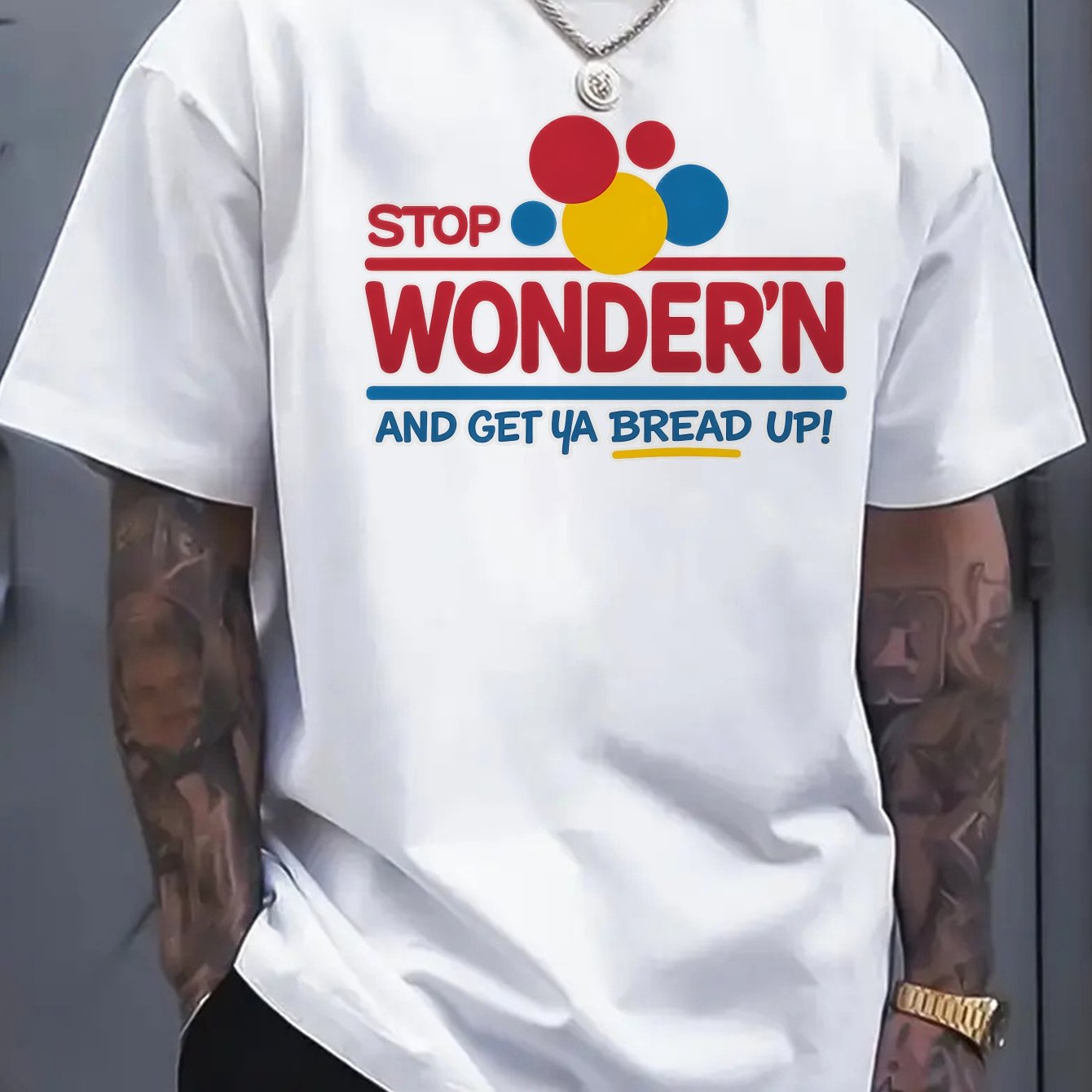 Men's Soft Cotton T-Shirt with "Stop Wondering and Get a Bread Up!" Graphic Print - Casual Loose Fit, Short Sleeve, Round Neck, Breathable & Comfortable for Casual Attire, Gym, or Summer Activities, Gym Shirts