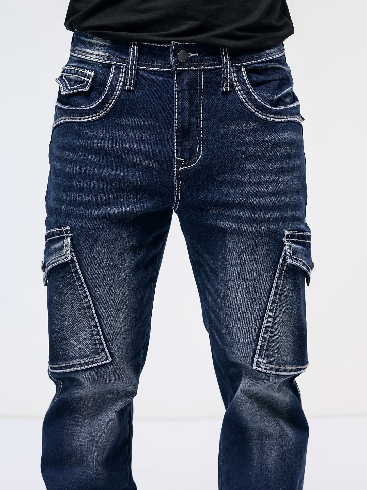 Men's Vintage Embroidered Stretch Denim Jeans with Multiple Pockets - Cotton Blend, Machine Washable