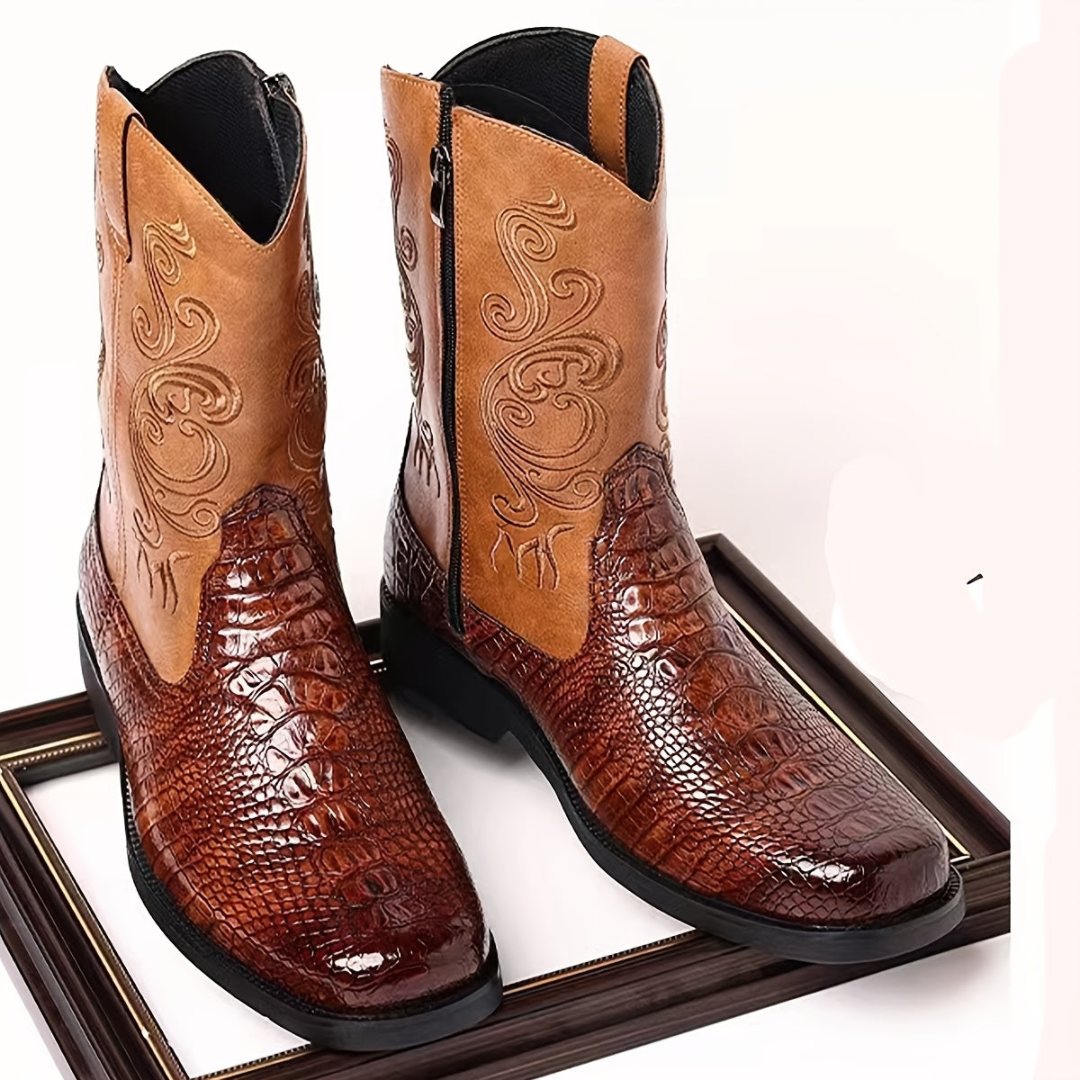 Men's Retro Western Cowboy Boots with Crocodile-Textured Toe & Shaft, Embroidered Design, Side Zipper Closure, Square Toe, & Rubber Sole - All-Season Party & Casual Boots