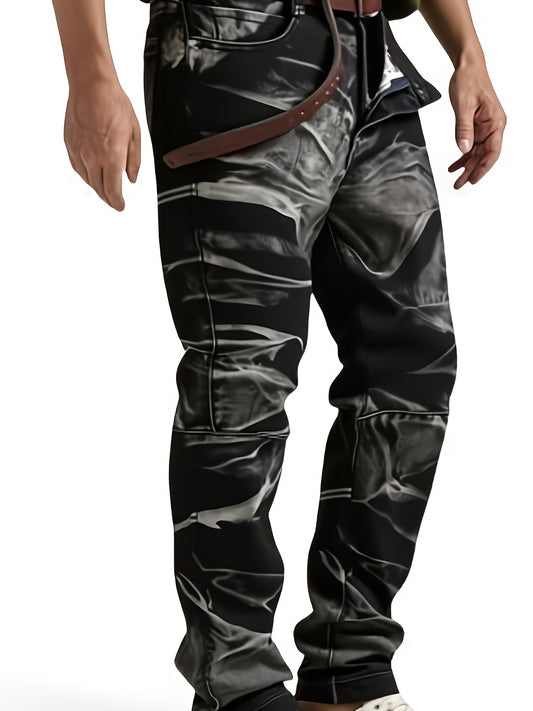 HME Men's Stretch Jeans - Mid-Rise Slim Straight Leg with Tie-Dye Black/White Pattern, Built-in YKK Zipper Closure, Machine Washable Denim Pants for Everyday & Formal Wear - Streetwear Essentials, Versatile Clothing, Vintage