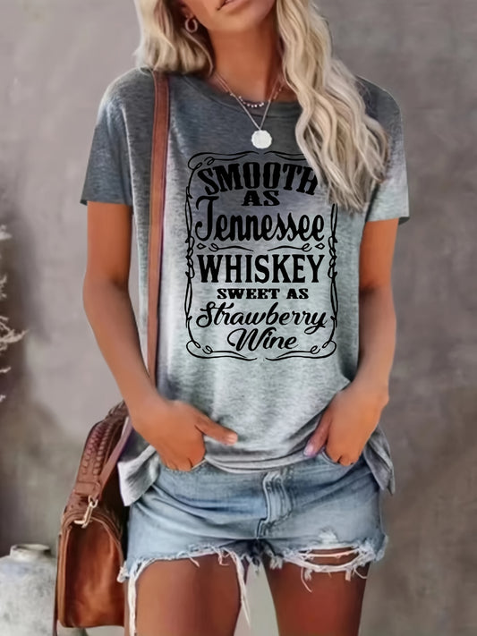 [Soft Graphic Tee] Soft Women's Casual Graphic T-Shirt | "Smooth as Tennessee Whiskey" Letter Print, Round Neck Short Sleeve Tee, Machine Washable All-Season Top for Casual Attire