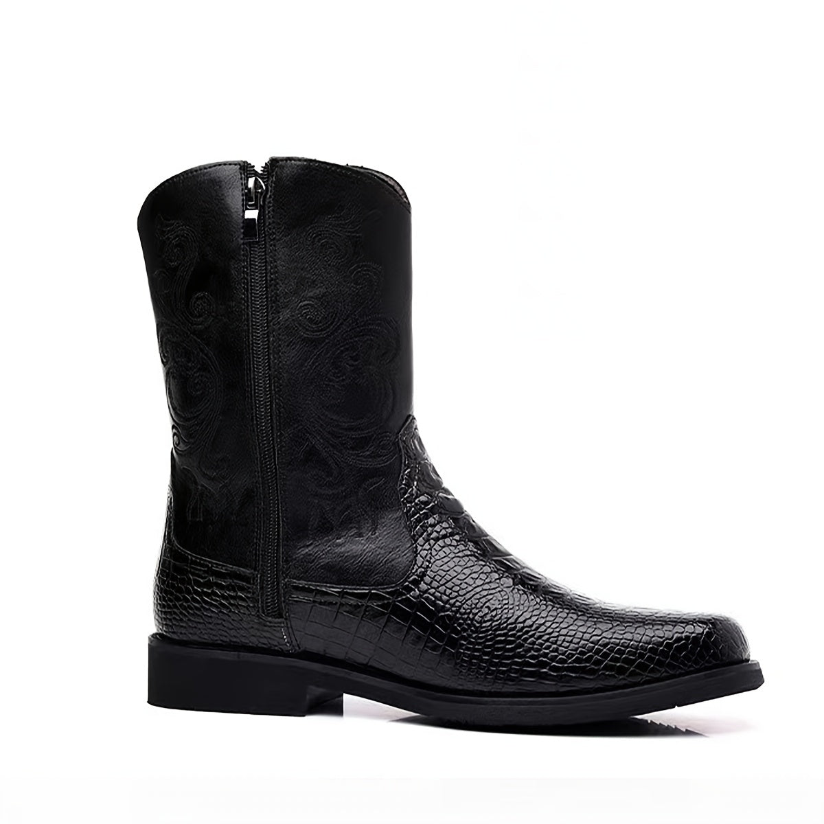 Men's Retro Western Cowboy Boots with Crocodile-Textured Toe & Shaft, Embroidered Design, Side Zipper Closure, Square Toe, & Rubber Sole - All-Season Party & Casual Boots