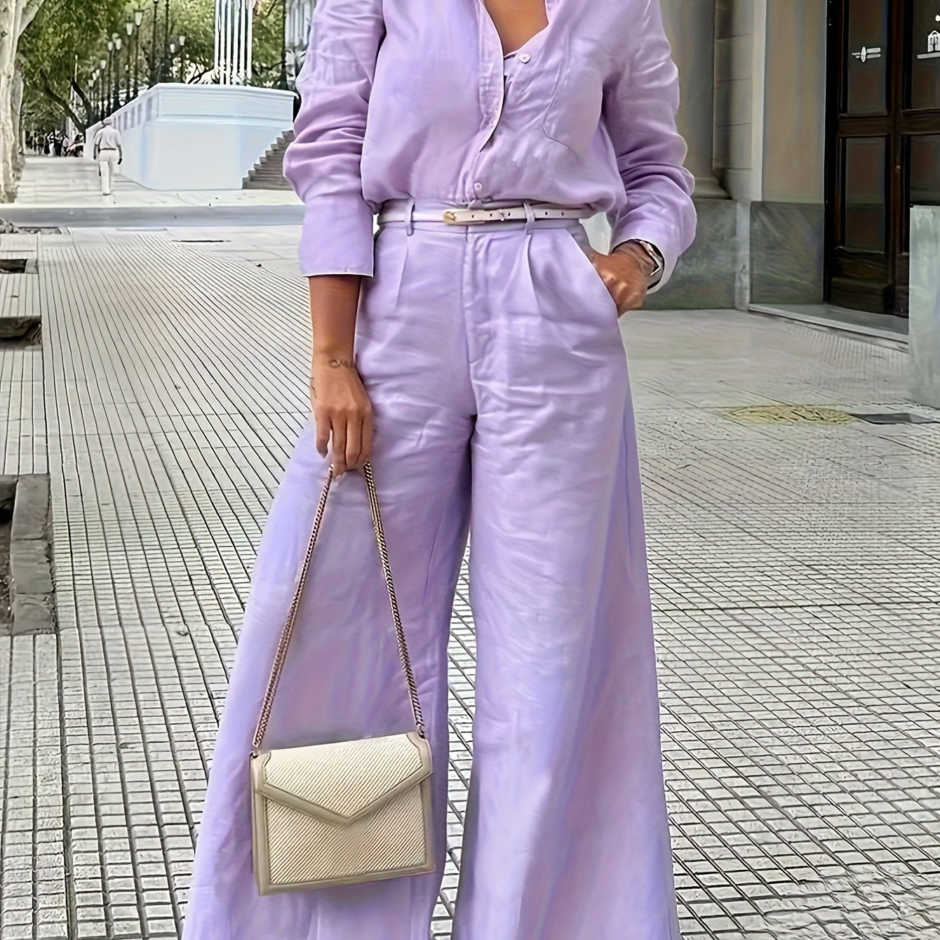 2025 Elegant Style New Arrival: Solid Color Long-Sleeve Shirt + High-Waisted Wide-Leg Pants Set, Suitable for Both Office And Vacation (Belt Not Included)