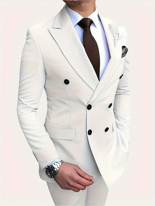 2pcs Double Breasted One Button Large Pocket Suit Solid White Suit Business Casual Suit