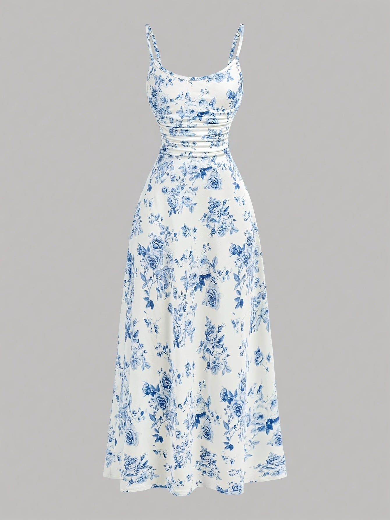 Elegant Floral Print Sleeveless Maxi Dress - Waist, Ruched Detail, Light Blue & White Floral Pattern, Perfect for Summer, Adult Women'S Fashion, Sleeveless Dress|Floral Print Dress|Ruched Detail