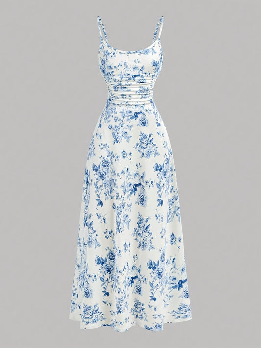 Elegant Floral Print Sleeveless Maxi Dress - Waist, Ruched Detail, Light Blue & White Floral Pattern, Perfect for Summer, Adult Women'S Fashion, Sleeveless Dress|Floral Print Dress|Ruched Detail