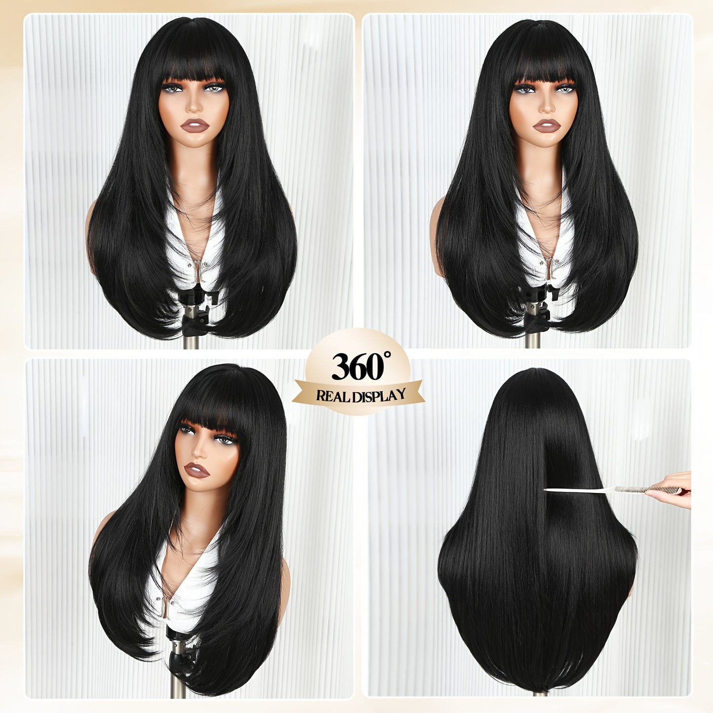 Long Straight Layered Wig with Bangs Glueless Natural Black Synthetic Bangs Wig 26 Inch Put On and Go Wigs High Temperature Fiber Pixie Cut Layered Wig for Women Daily Use