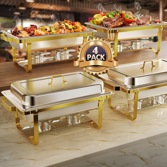 Chafing Dishes For Buffet 4 Pack, 8QT Stainless Steel Chafing Dish Buffet Set, Chafers And Buffet Warmers Sets For Birthday, Wedding, Rolled-Edge Design, Golden And Silver, Only For Cooking