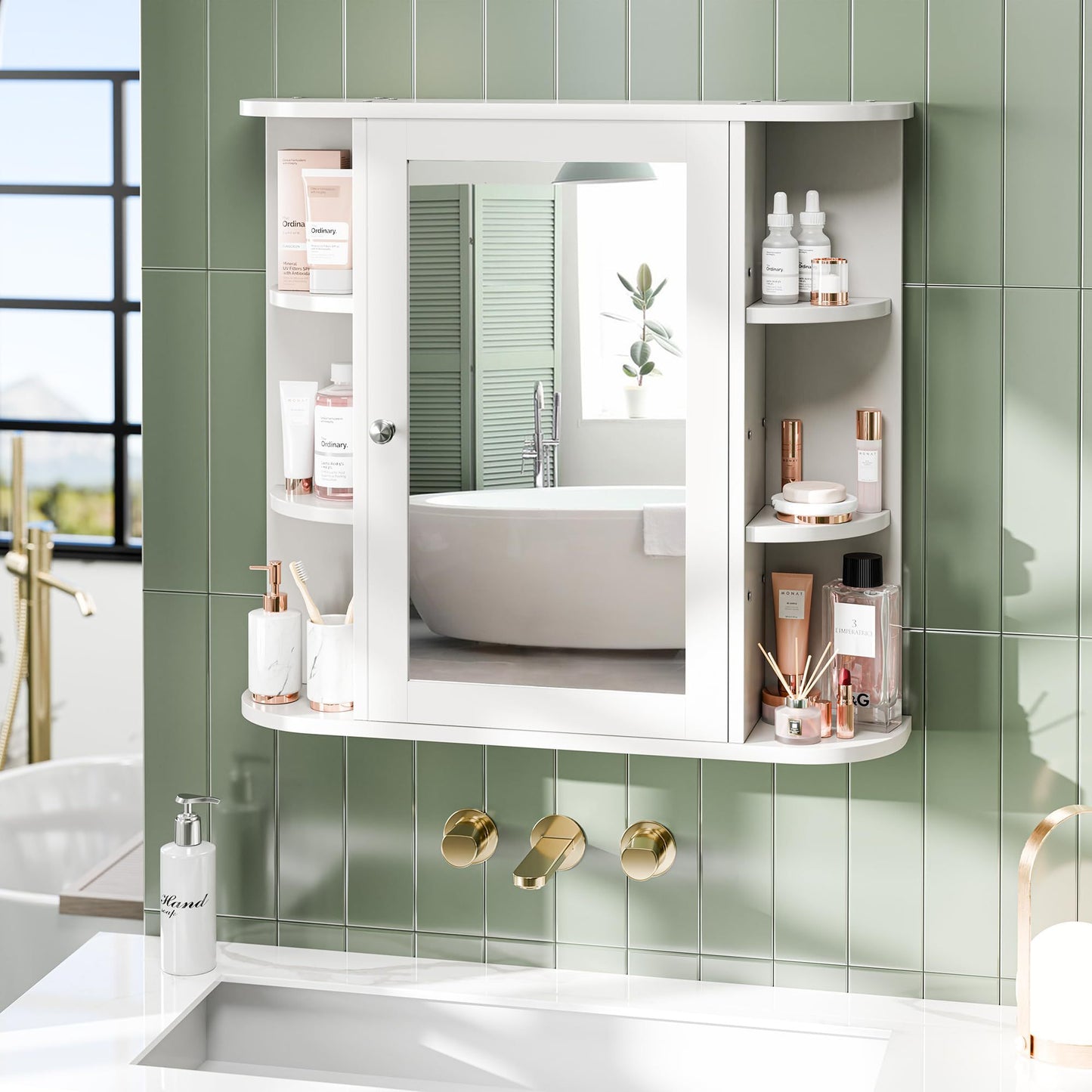 Modern Wall-Mounted Bathroom Medicine Cabinet with Mirror - 6 Open Shelves, Durable Non-Wood Moisture-Resistant Design, Space-Saving White Storage Organizer for Bathroom Essentials, Toiletry Organization, Contemporary Style,