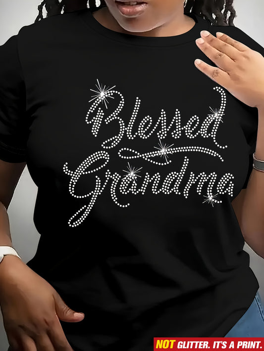 1pc Women'S "Blessed Grandma" Rhinestone Letter Print T-Shirt, Polyester Knit Fabric, Casual Crew Neck Short Sleeve Top for Summer & Spring