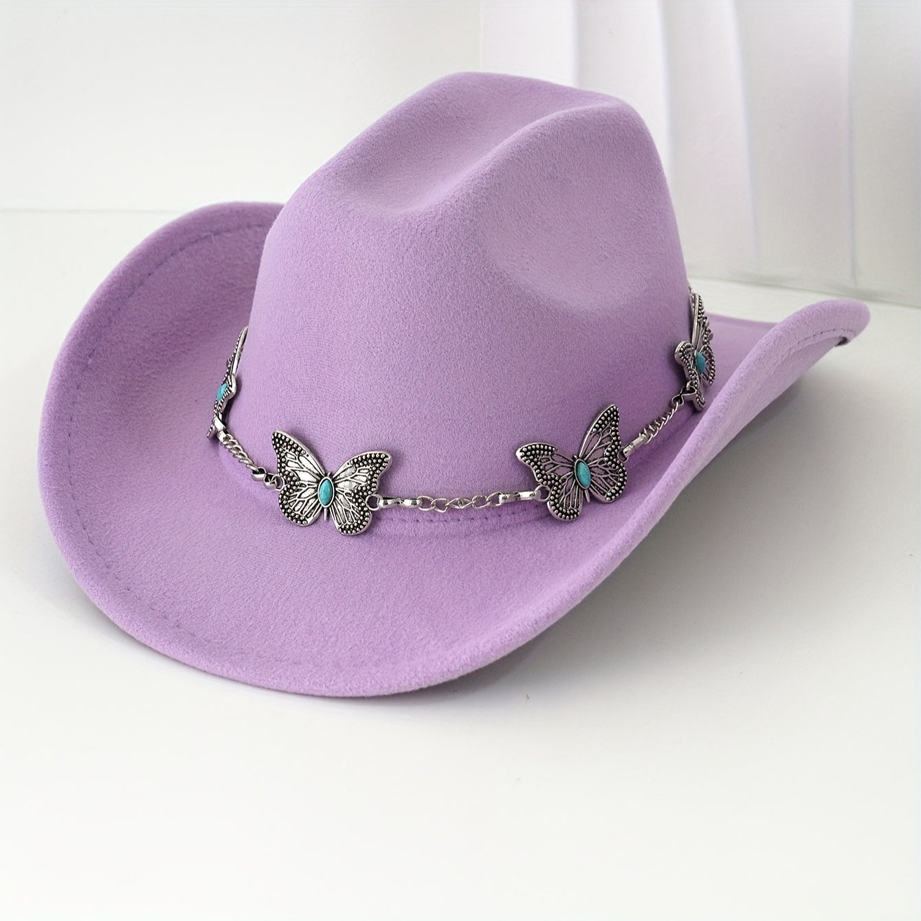 [Western Cowgirl Hat] 1pc Western Cowgirl Hat | Lightweight, Polyester, Woven, Fedora Style with Silvery Metal Butterfly, Ideal for Western Themed Events & Grassland Music Festivals