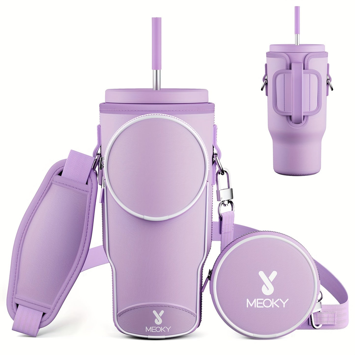 Meoky Water Bottle Carrier Bag With Phone Pocket For 40 Oz Tumbler With Handle, Neoprene Water Bottle Holder Pouch With Adjustable Strap, 2 Carabiner Clips