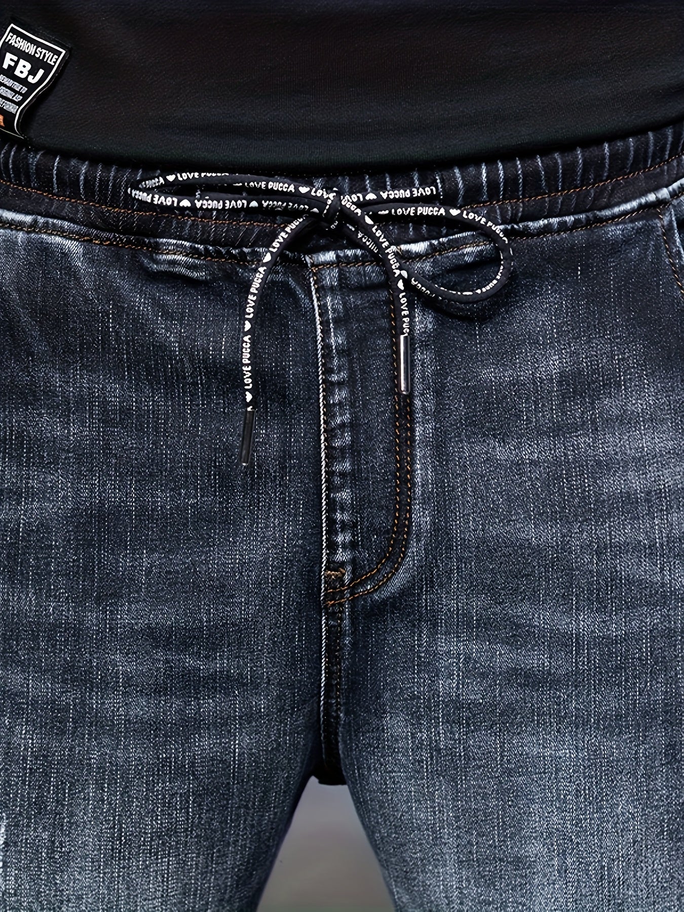 Men'S Slim-Fit Embroidered Denim Jeans with Adjustable Drawstring Waist - Stretch Straight-Leg Pants for Fall/Winter, Casual Casual Attire, Light Blue Washed Design, Comfortable Fashion, Fashionable Casualwear, Durable Fabric