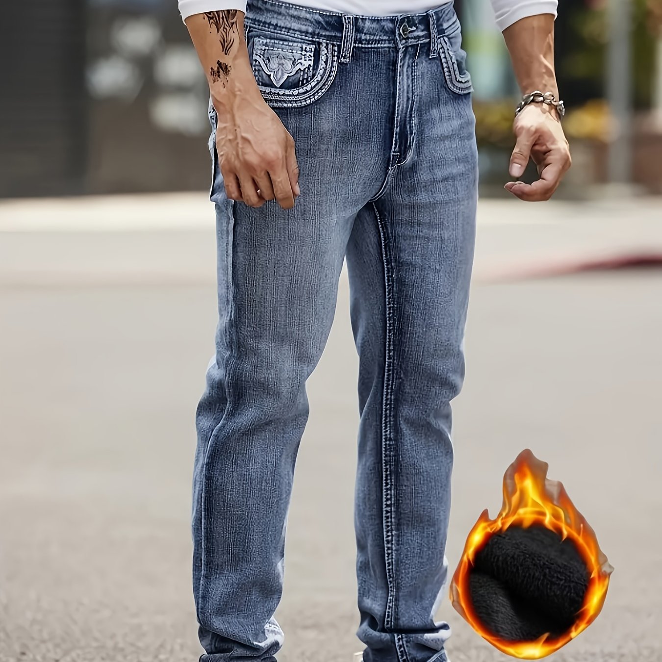 HME Men's Heavy-Duty Winter Jeans - Thickened Fleece-Lined Insulated Pants with Beltless Design & Zipper Closure, Mid-Stretch Denim Trousers for Business & Casual Attire - Machine Washable, Warm Casual Winter Pants for Cold W