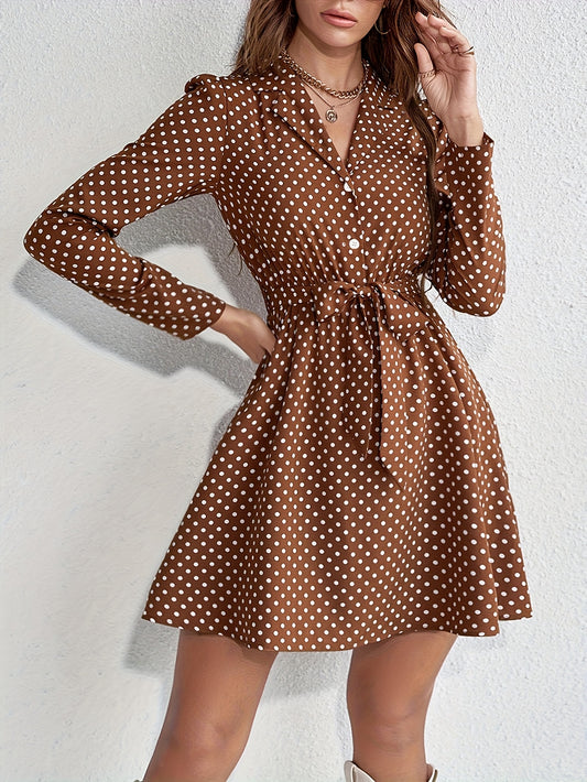 Elegant Brown Polka Dot Dress with Tie-Waist and Collar - Short Sleeve, Knee-Length, Perfect for Spring/Summer/Fall, Adult Women'S Fashion, Casual Attire|Collar Dress|Polyester Fabric