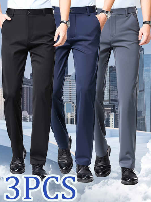 3pcs Set Men's High-Stretch Wrinkle-Resistant High-Waisted Dress Pants - Solid Color Business Casual & Formal Trousers with Belt Loops, Button & Zipper Closure, Machine Washable All-Season Durable Fabric (Black/Navy/Gray) - P