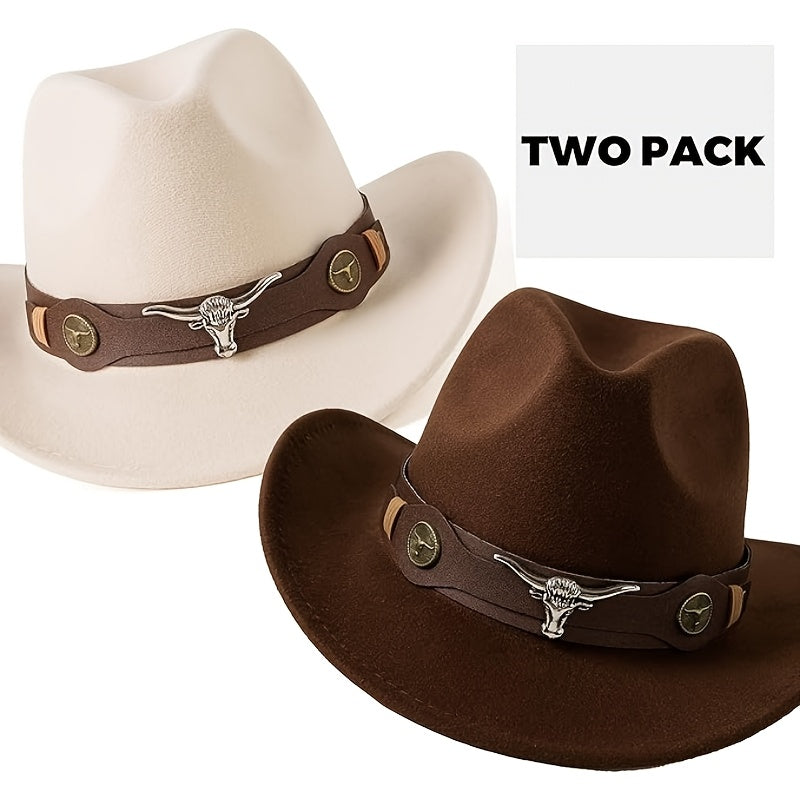 [2-Pack Western Cowboy Hats] 2-Pack Stylish Western Cowboy Hats, Beige & Brown, Unisex Polyester Felt Hats | Wide Brim Hat, Faux Leather & Bull Head Belt, Perfect for Western Themed Events, Costume Parties, and Outdoor Advent