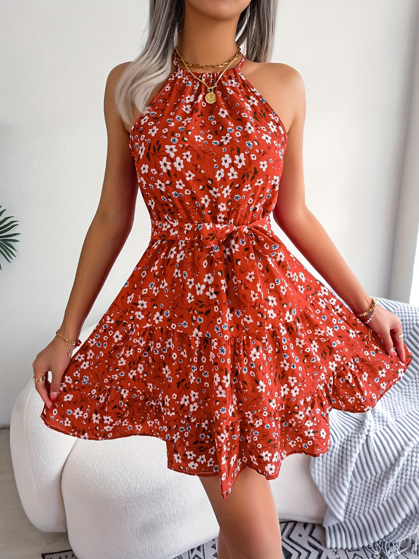 [Summer Floral Belted Beach Dress] Floral Print Belted Beach Dress, Sleeveless Casual Vacation Dress For Summer & Spring, Women's Clothing