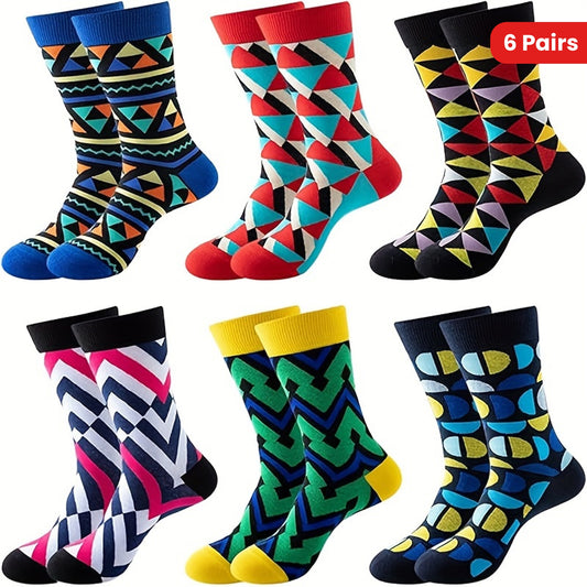 6 Pairs Unisex Men's Socks, Fun Geometric Trendy Casual Novelty Crew for Fall and Winter, Novelty Socks, Thick Socks for Women, Socks Ladies, Socks Cute, Winter Socks Women, Casual Wear, Cozy Footwear, Geometric Design, Styli
