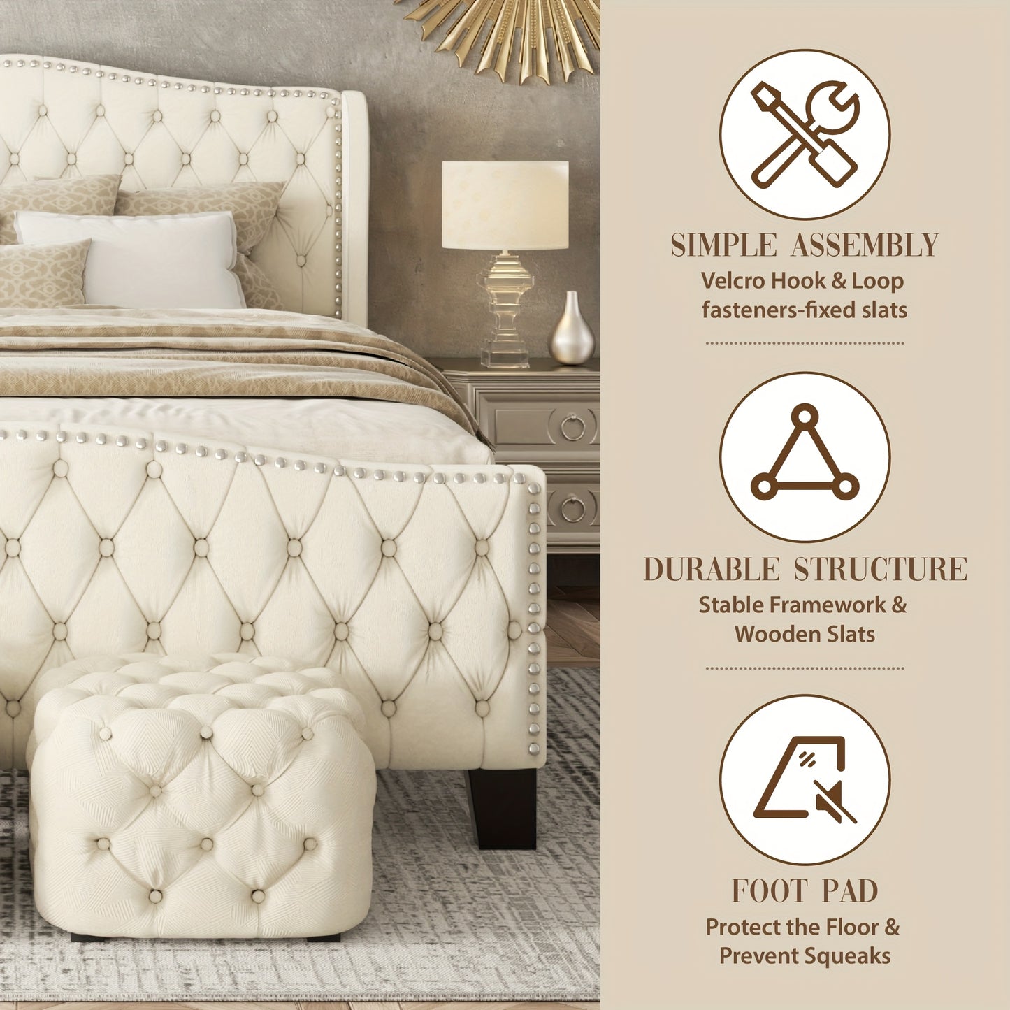 Queen Size Platform Bed Frame with 51-inch Tall Camelback Headboard & Wingback, Gorgeous Studded Trim, Mattress Foundation, No Box Spring Needed, Cream