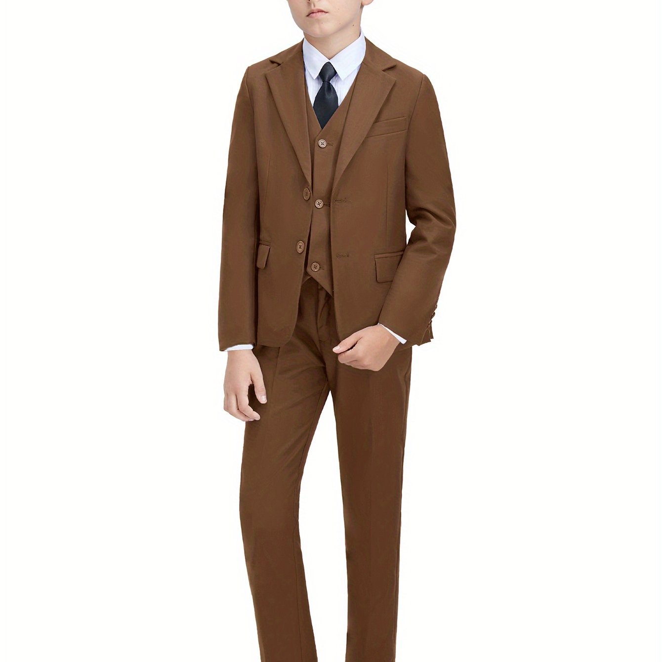 Boys' 3-Piece Suit Set: Slim-Fit Solid Green Jacket, Vest & Pants with Pockets - All-Season Formal Party Wear, Long Sleeve, Regular Sleeve Design, Formal Attire for Boys, Party Attire, Classic Lapel Collar, Durable Fabric