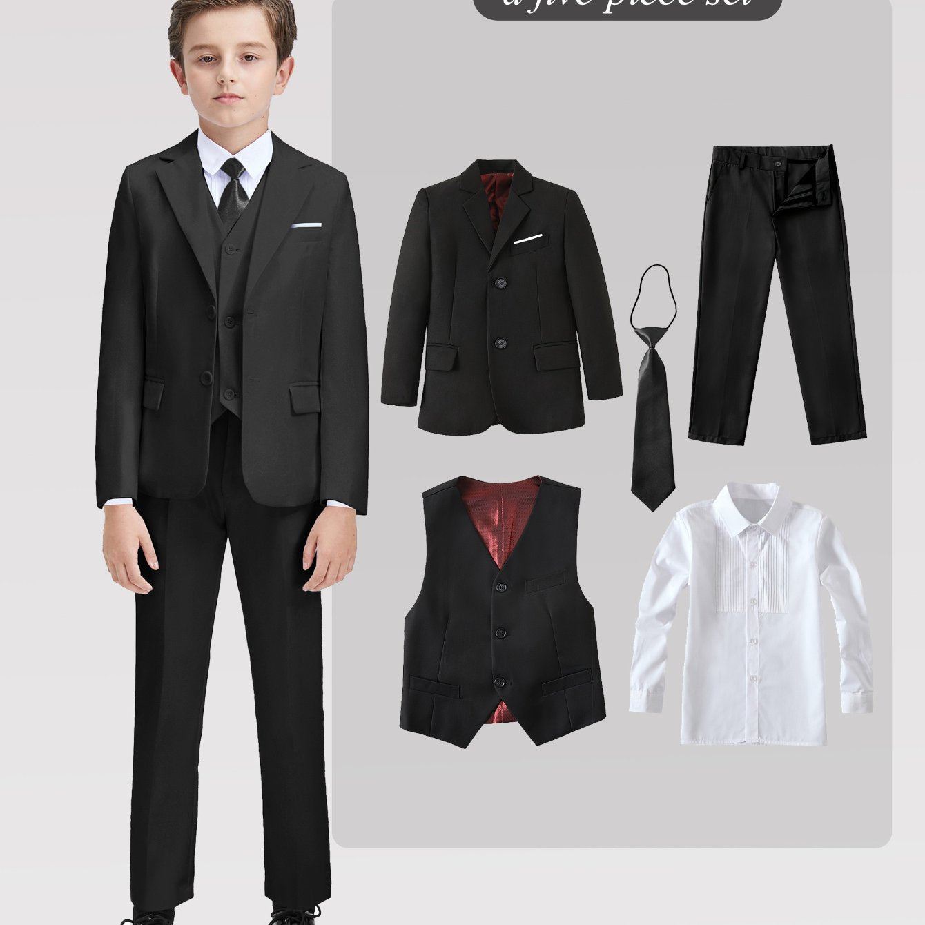 Back to School Season Boy's Formal Suit Set Slim Fit Blazer & Shirt & Pants & Vest & Tie 5pcs Set for Wedding Ring Bearer Birthday Party Speech Prom Dress Youngsters Tuexdo Outfits Black Wine Red Dark Gray, Ring Bearer Attire