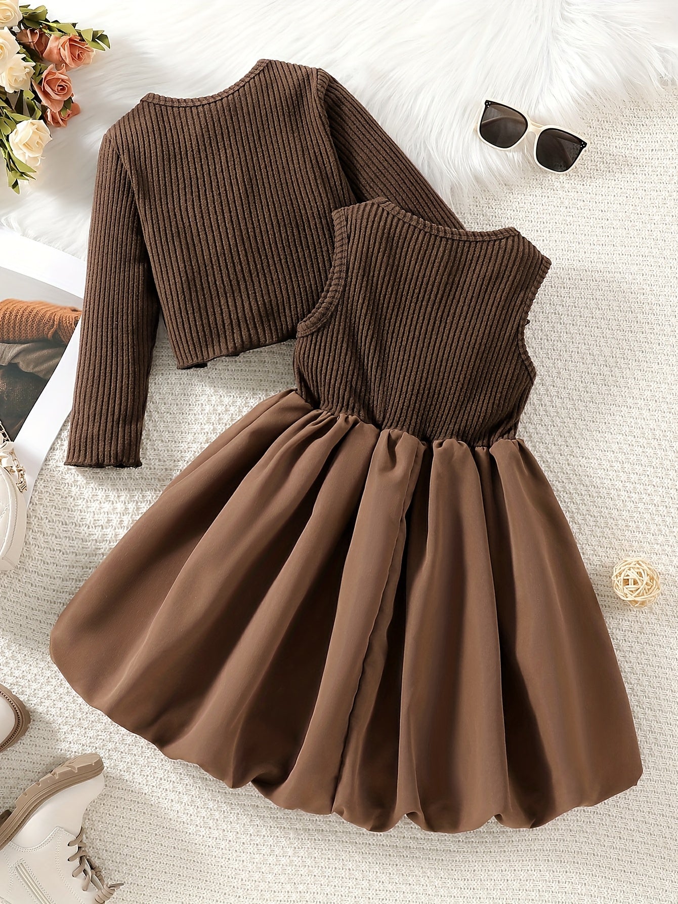 ' Elegant Two-Piece Set for Spring and Autumn: Long-Sleeve Thin Coat with Bow Neckline + Vest-Stitched Bubble Bud Dress, Perfect as a Fall Gift Party Outfit or Casual Wear, Daily Leisure Wear, Spring Outing Attire, Feminine F