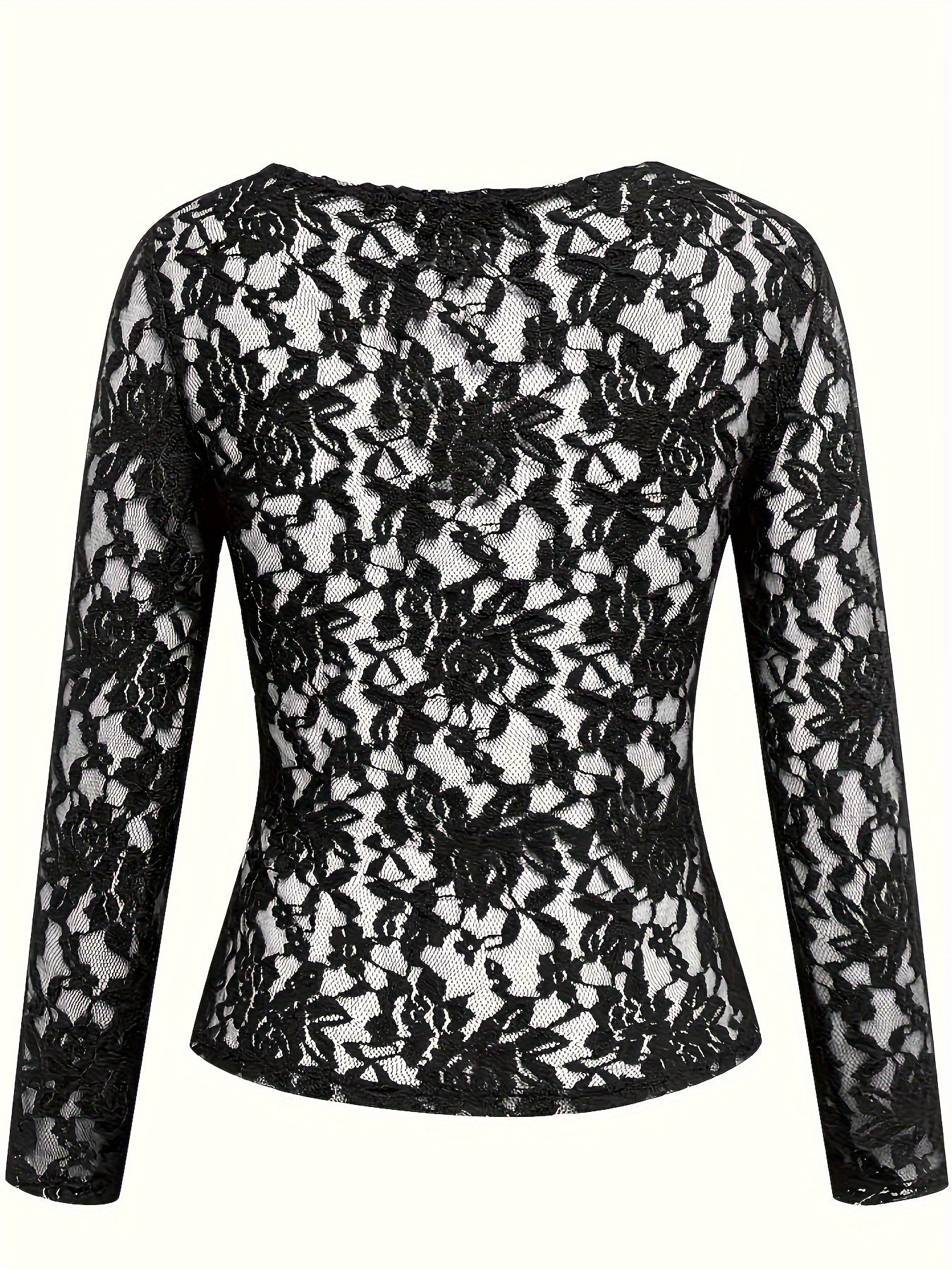 1pc Elegant Women'S V-Neck Lace Long Sleeve Top - Sheer Floral Pattern, High Stretch Polyamide, Casual Skinny Fit Pullover for Spring/Fall