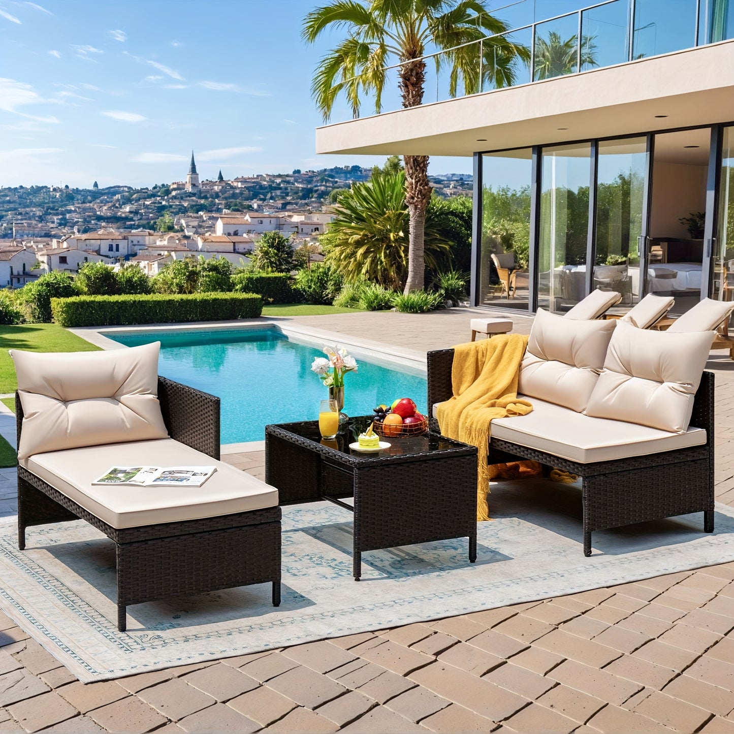 Outdoor Rattan Sofa, L-Shaped Lounge Chair With Table, Black Rattan And Beige Cushion