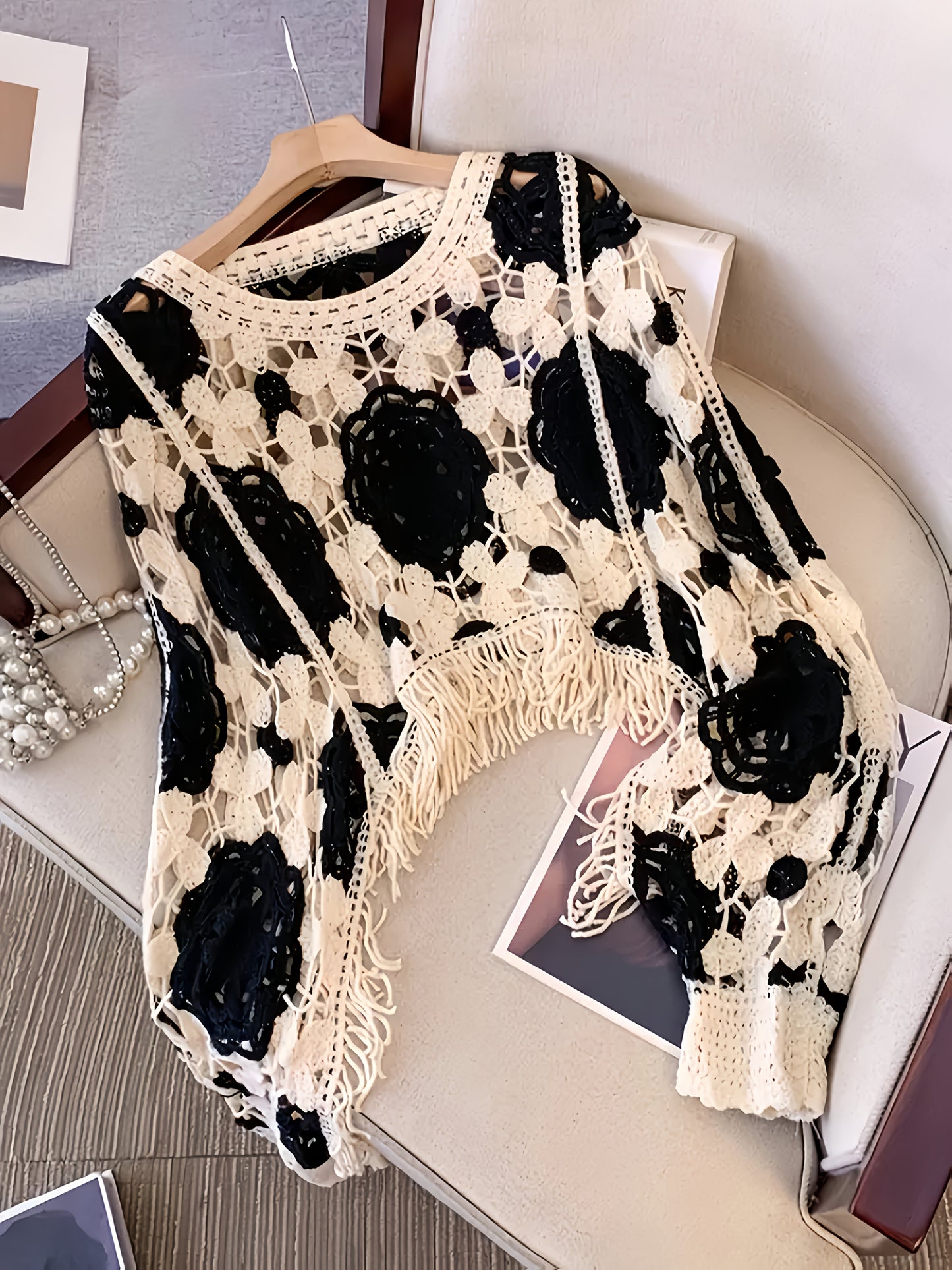 Boho Chic Cardigan Handmade Bohemian Crochet Cardigan Sweater for Women - Long Sleeve Semi-Sheer Cover-up with Ethnic Geometric Pattern in Beige/Brown, Loose Fit for Beach, Parties, Everyday - Boho Chic, Lace-like Layering