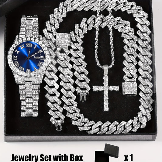 4pcs/set, Men's Rhinestone Wrist Watch & Cross Pendent Jewelry Set, For Men/Women