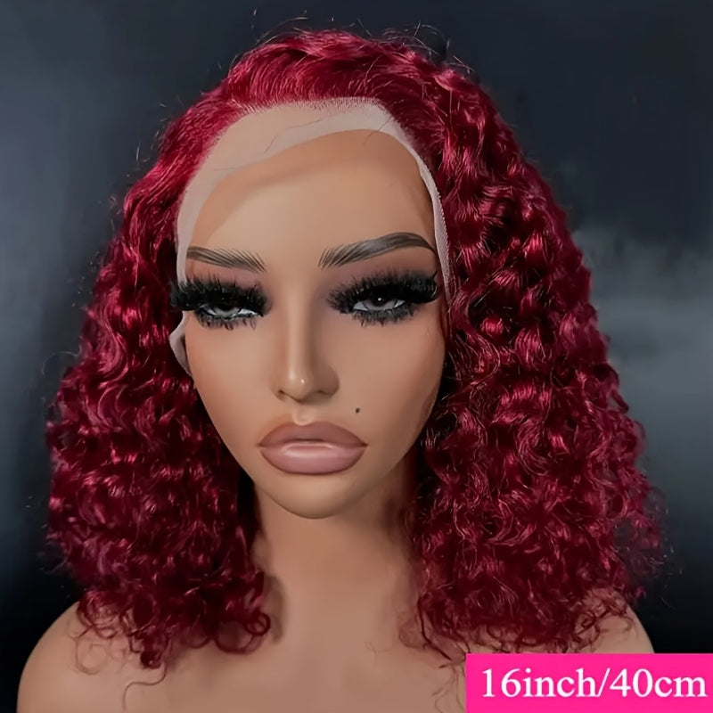 13x4 Burgundy Deep Wave Lace Front Wig - 250% Density, 100% Brazilian Virgin Human Hair, Pre-Plucked with Baby Hair, Glueless Design for Women, Wet and Wavy Look, Bye Bye Knots, Natural Red Color