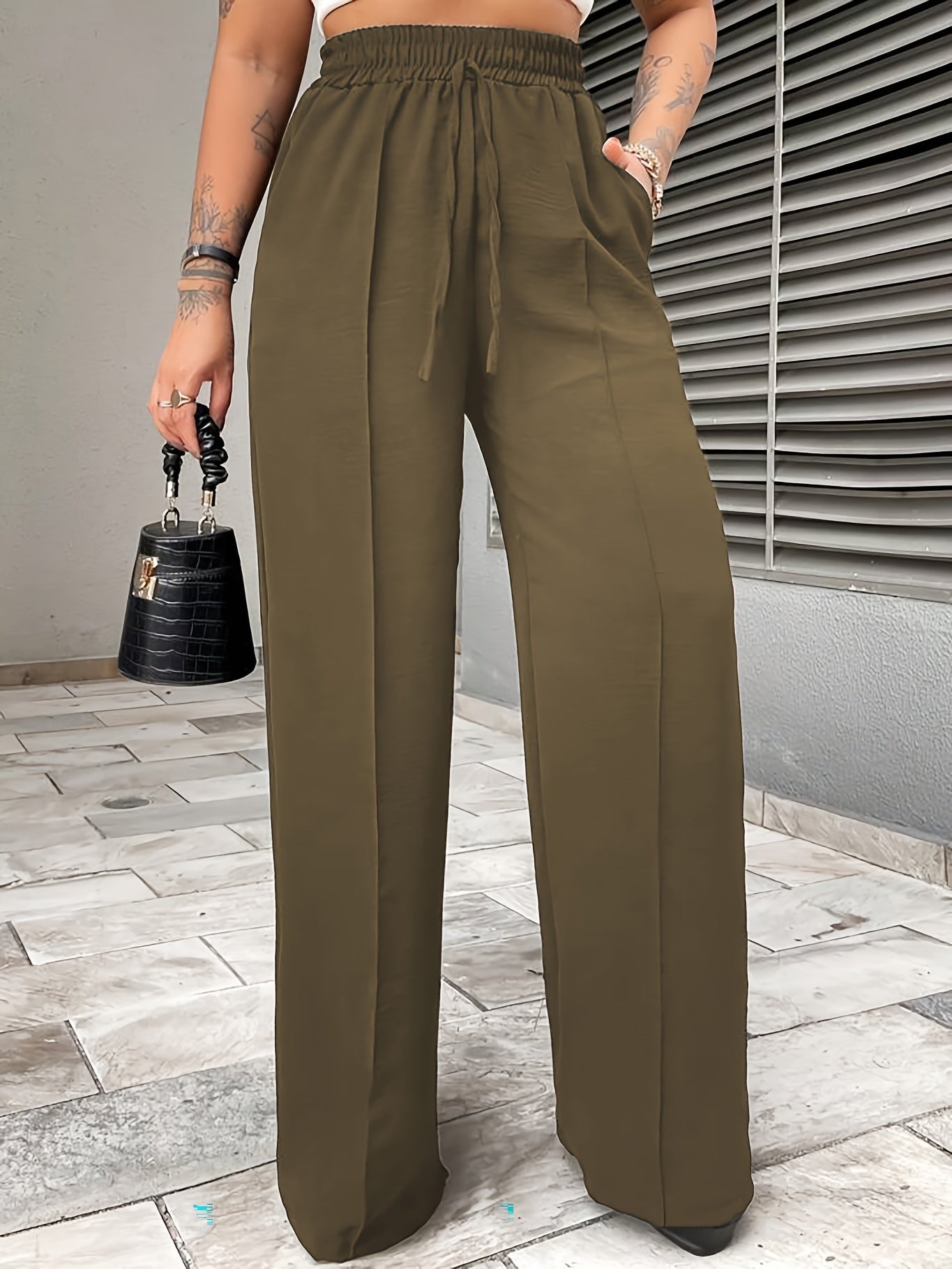 Elegant Middle-Eastern Polyester Straight Leg Pants 95% Polyester 5% Elastane Solid Color with Faux Drawstring Detail Spring/Fall Collection for Women - Woven Fabric, Comfort Fit Lounge Trousers with Pockets