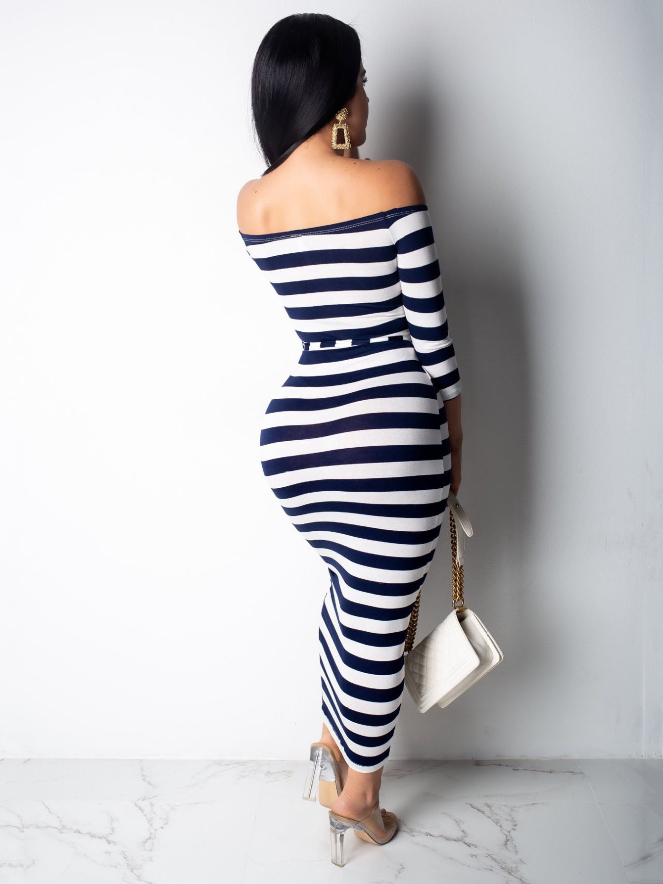 [Off Shoulder Striped Dress] Off Shoulder Striped Dress, Stretchy Long Sleeve Dress, Casual Every Day Dress, Women's Clothing