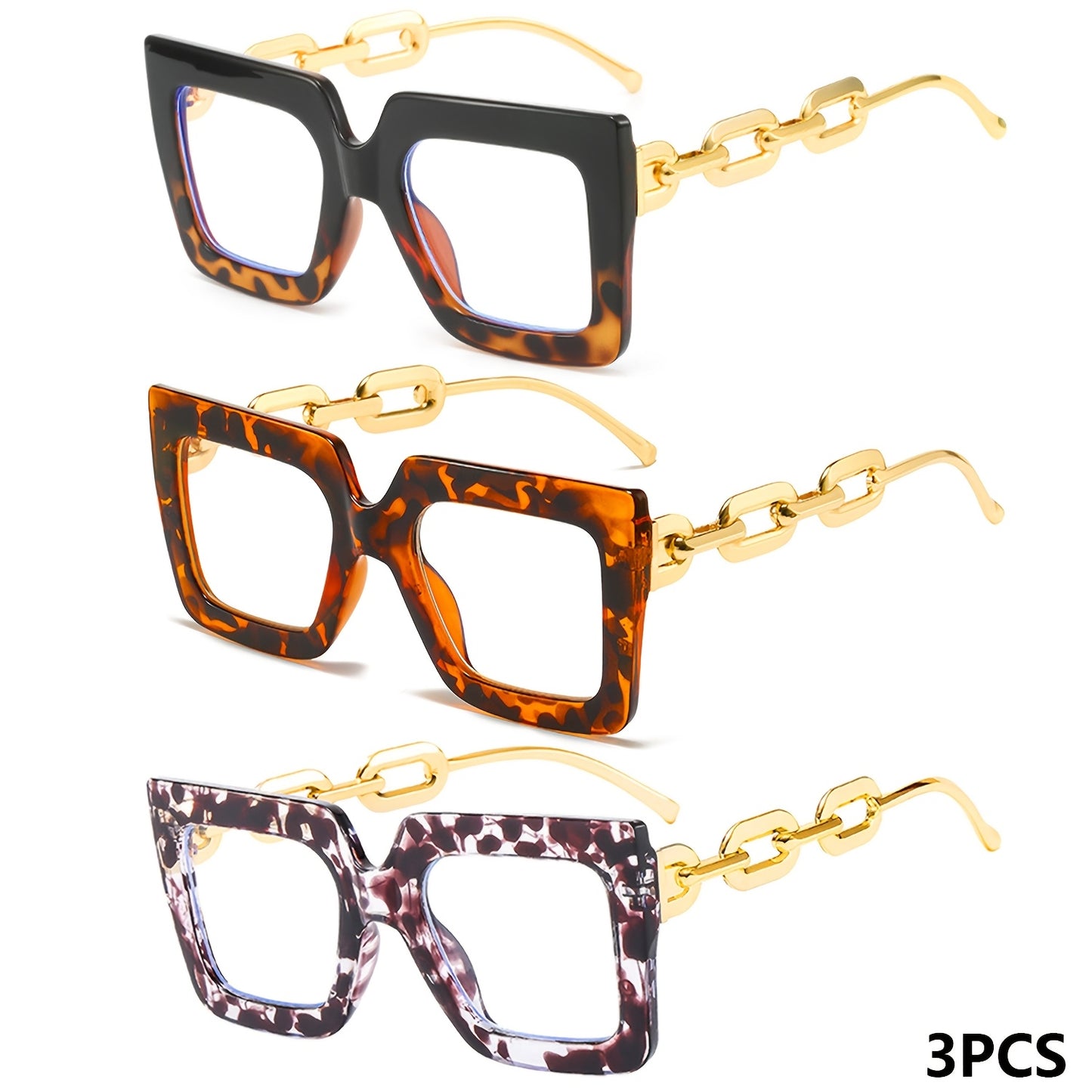 [3pcs Large Frame Reading Glasses] 3pcs Rectangular Large Frame Chain Temple Reading Glasses, Trendy and Fashionable for Home, Travel, and Parties, Women's Presbyopia Glasses