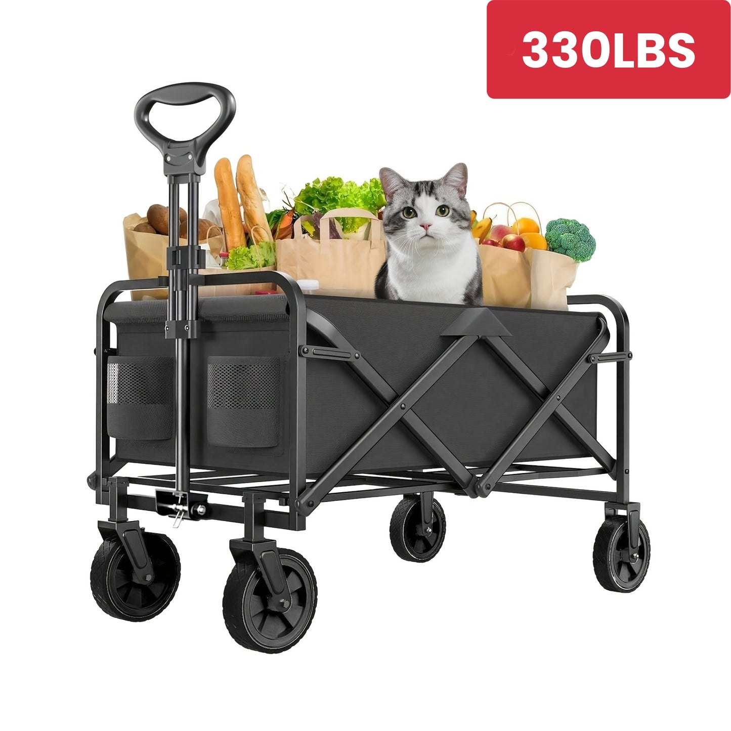 1pc 30" Heavy-Duty Collapsible Shopping Cart with All-Terrain Wheels - Foldable Utility Wagon for Beach, RV Storage, Sports, and Camping, Black Mesh & Durable Fabric Construction, Beach Wagon Cart