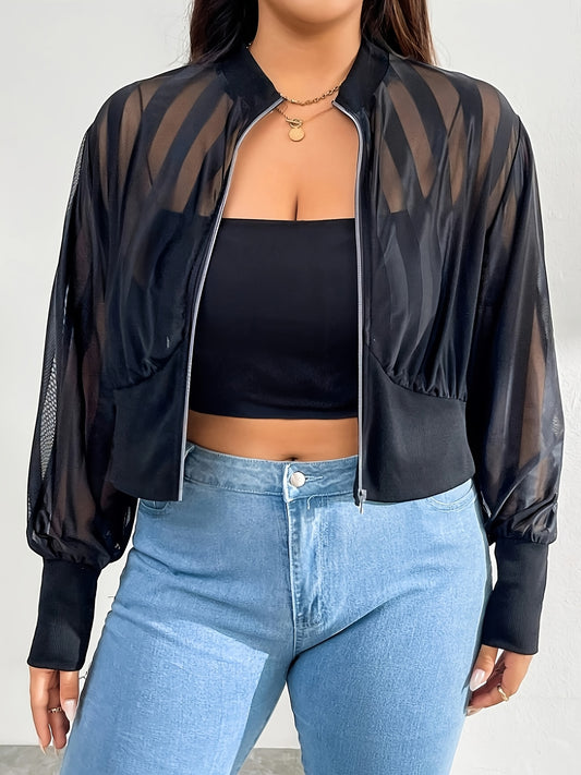 Plus Size - Women'S Stylish Black Mesh Zip-Up Jacket with Stand Collar - Casual & Business Wear, Long Sleeve, Spring/Fall Outerwear, Spring Outerwear | Stand Collar Jacket | Mesh Fabric Jacket