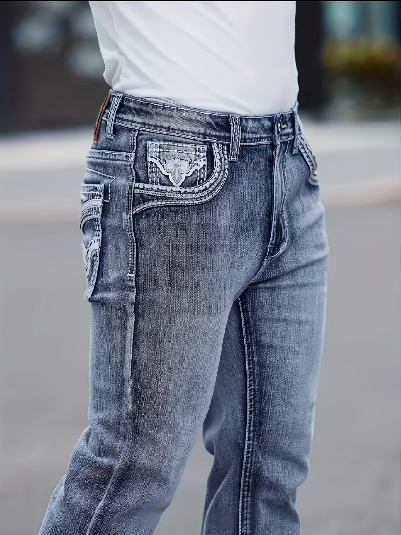 HME Men's Jeans - Stretch Slim-Fit Mid-Rise Pants with Elastic Waist, Vintage Washed Blue Denim, Five-Pocket Design & Built-In Zipper Closure, Machine Washable for Business, Office, Everyday Casual - All-Season Men's Pants, V