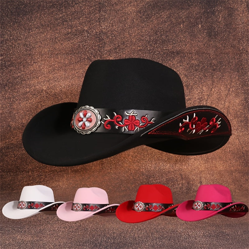 [Western Tweed Fedora Hat] Western Ethnic Style Tweed Fedora Hat for Men and Women | Large Brim Embroidered Cowboy Hat with Gemstone Decoration for Music Party Dance Costume