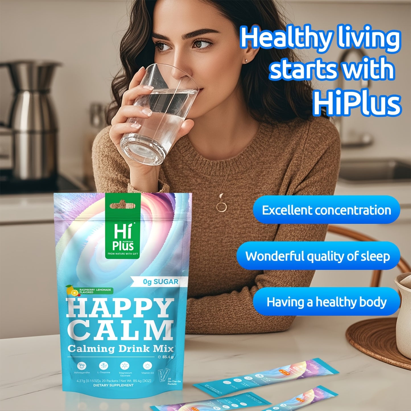 HiPlus Calm Super Powdered Drink Mix, Raspberry Lemonade, L Theanine, Ksm-66 Ashwagandha, Magnesium Glycinate, Vitamin D 3, Supplement for Relaxation And Concentration, Sugar-Free, On-the-Go, 20 Ct-Calming Magnesium Calming P