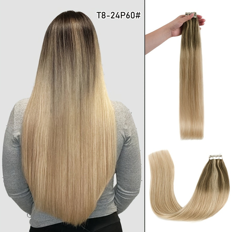 16pcs Vlasy Women's Natural Blonde Balayage Highlights Hair Extensions - Seamless Clip-In Straight Human Hair (12"-24" Lengths, Brown to Blonde Tones) - Easy Application & Damage-Free Removal, Natural Brown Base for Lighter S