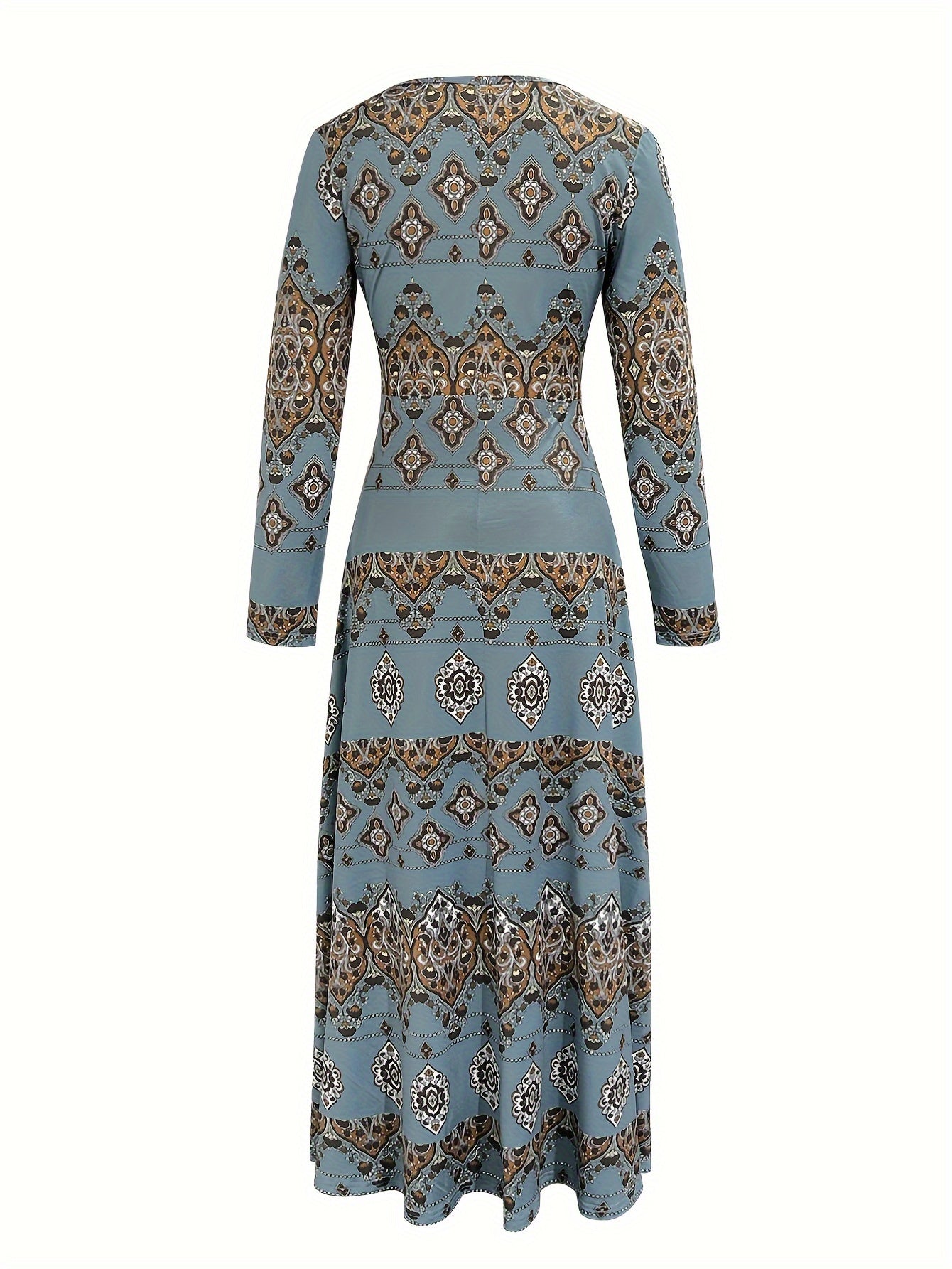 Vibrant Tribal Print Long Sleeve Vintage V Neck Dress - Stylish Women's Dresses for Spring and Fall Seasons - Comfortable, Relaxed Fit, Flattering A-Line Silhouette