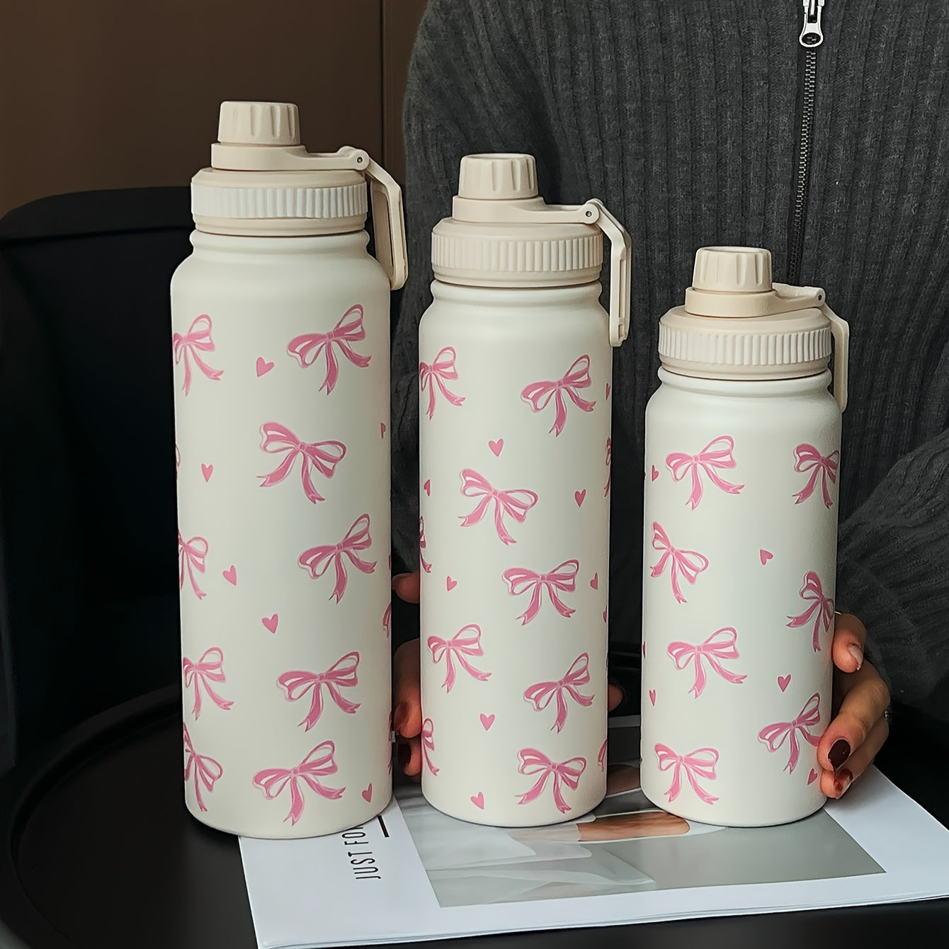 1pc 600ml/800ml/1000ml Pink ins style large bow double-layer stainless steel thermal cup, straight drinking mouth large capacity water bottle, outdoor sports kettle, flat bottom cup, water cup, teapot, tea cup, fitness exerci