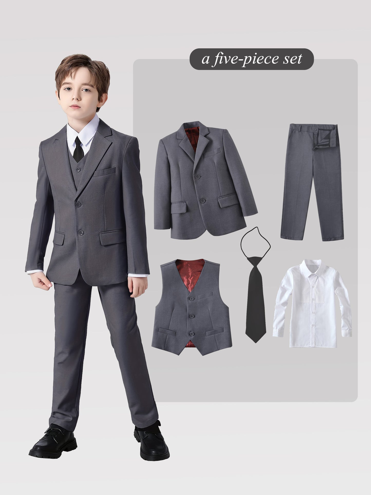 Back to School Season Boy's Formal Suit Set Slim Fit Blazer & Shirt & Pants & Vest & Tie 5pcs Set for Wedding Ring Bearer Birthday Party Speech Prom Dress Youngsters Tuexdo Outfits Black Wine Red Dark Gray, Ring Bearer Attire