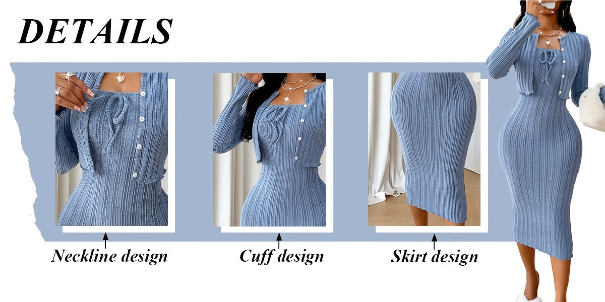 Women's Casual Simple Fashion Textured Solid Color Bow Tie Bodice Dress with Short Jacket Two Piece Set