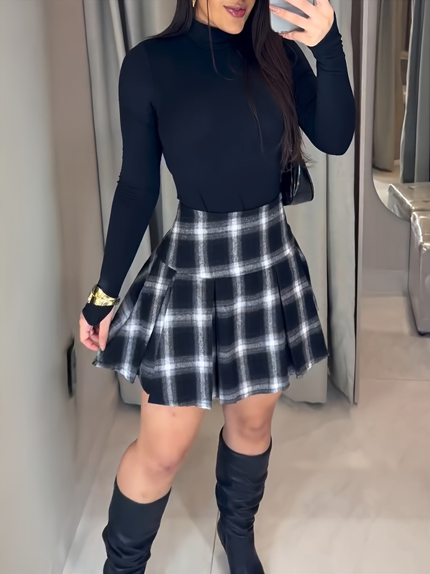 High Neck Long Sleeve Open Back Jumpsuit and Casual Plaid Print Pleated Skirt Set