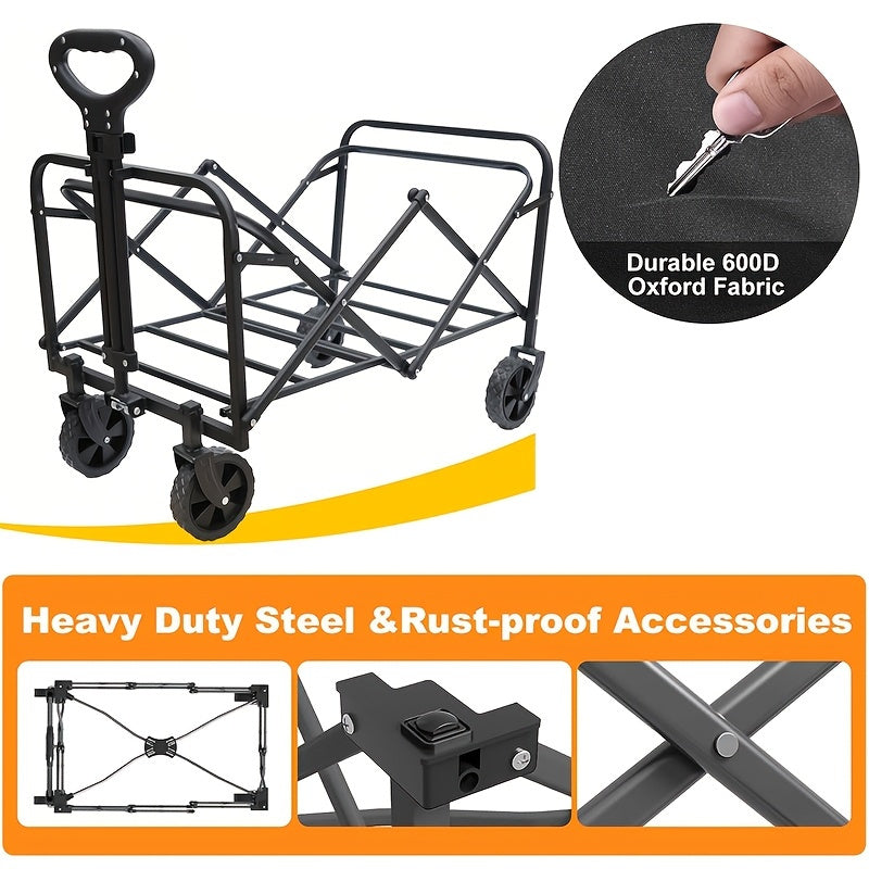 1pc 30" Heavy-Duty Collapsible Shopping Cart with All-Terrain Wheels - Foldable Utility Wagon for Beach, RV Storage, Sports, and Camping, Black Mesh & Durable Fabric Construction, Beach Wagon Cart