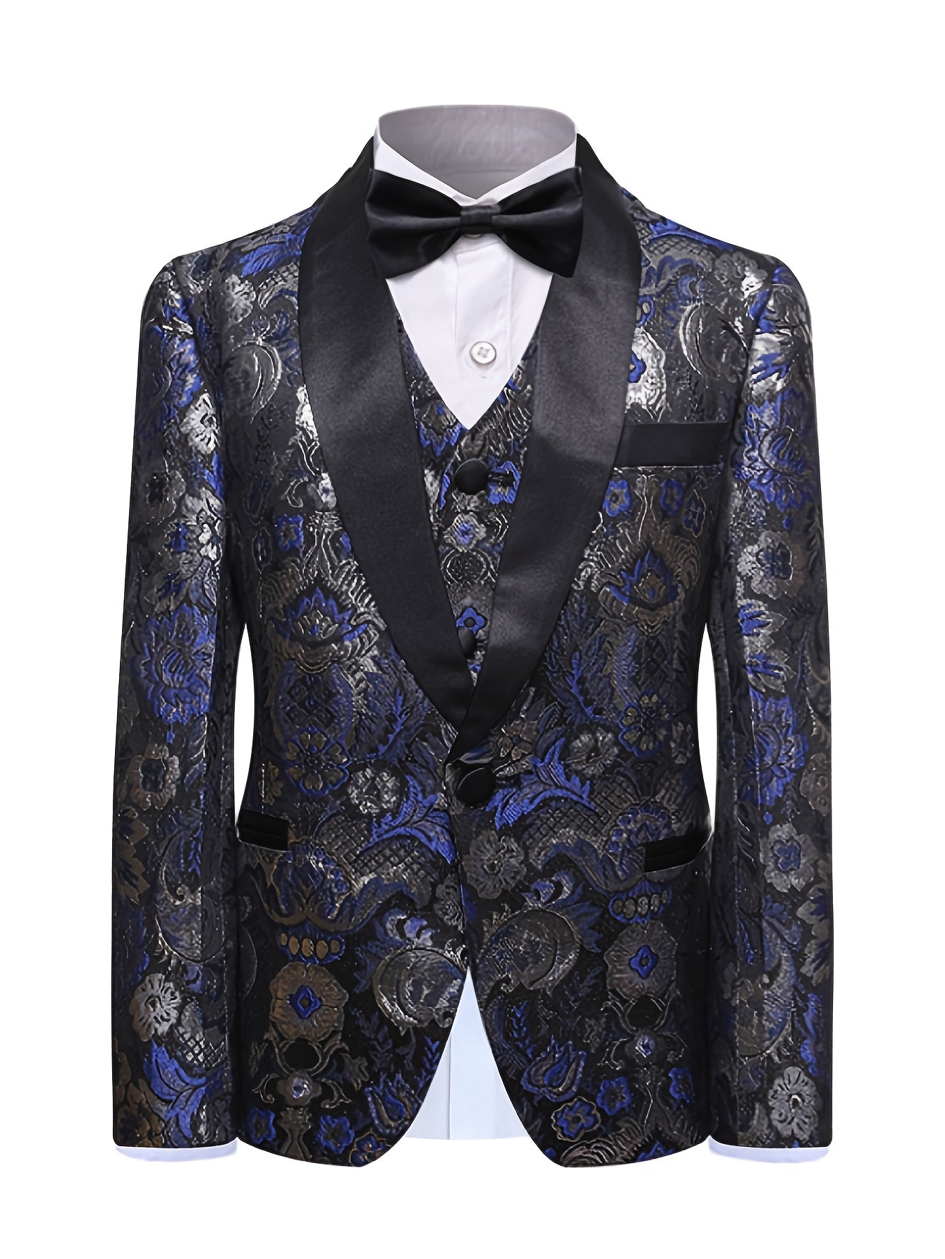 Navy Blue & Black 2025 Men's Floral Print Suit - Elegant Long Sleeve with Lapel Collar, Button-Up Blazer & Trousers for Weddings, Parties, Dates - Premium Fabric, Formal Attire, Date Night Outfit, Classic Fashion, Sophisticat